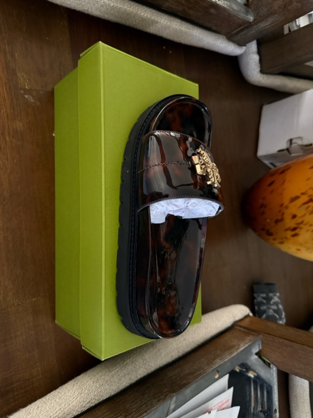 Tory Burch Tortoiseshell Patent Slide Sandal with Gold Logo